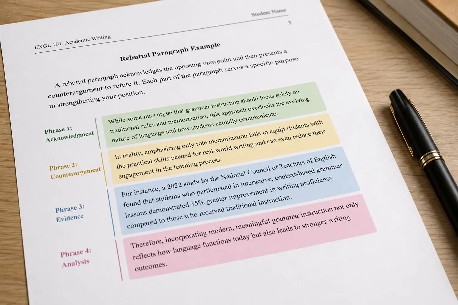 Color-coded example of a high-scoring academic 
            rebuttal paragraph.