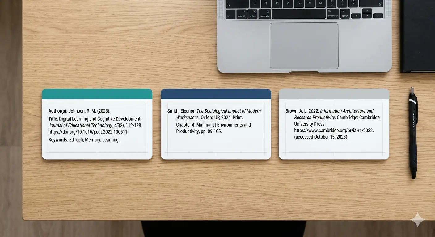 Three comparative reference cards displaying example 
            formatting differences between APA style, Harvard style, 
            and MLA citation formats for university essays.