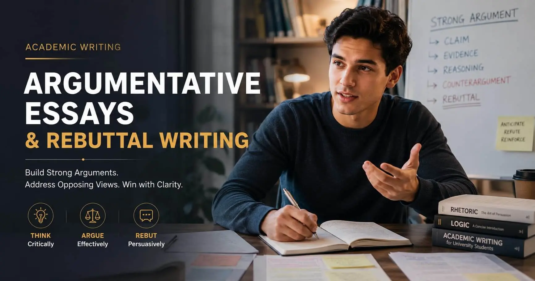 University student writing an argumentative essay rebuttal