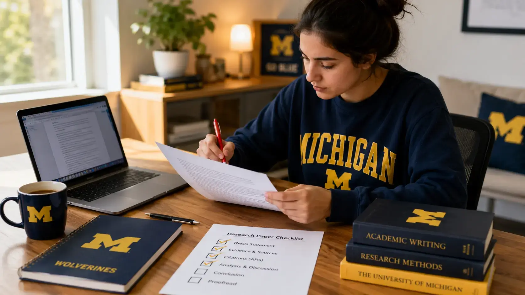 Student editing college essay using an essay 
            editing checklist.