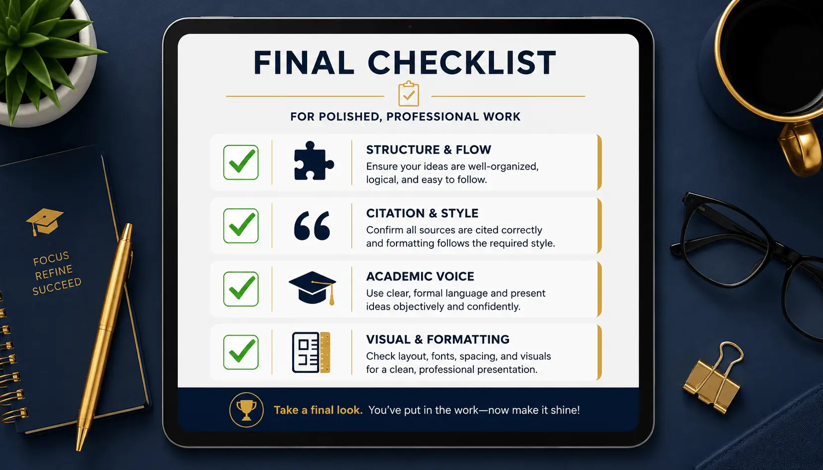 Tablet showing a final thesis checklist with 
            structure, citation style, academic voice, and visual 
            formatting items.