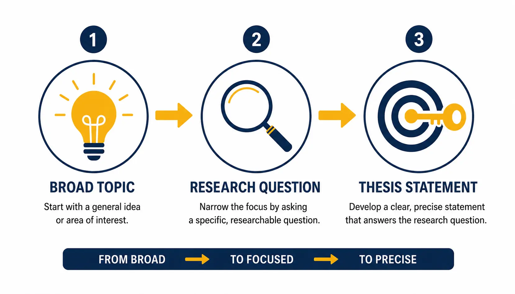 Flowchart showing three steps to refine a broad 
            academic topic into a focused research question and 
            thesis statement.