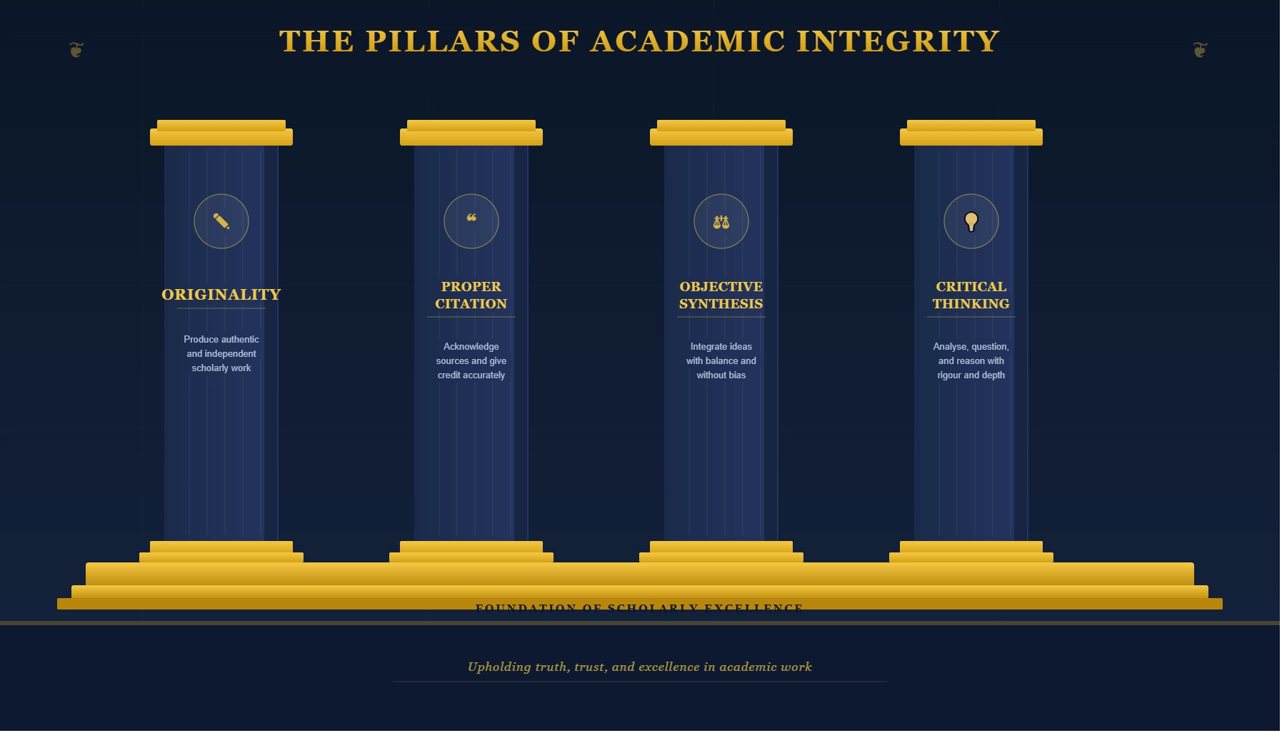 Infographic of academic integrity pillars including 
            originality, citation, synthesis, and critical thinking.