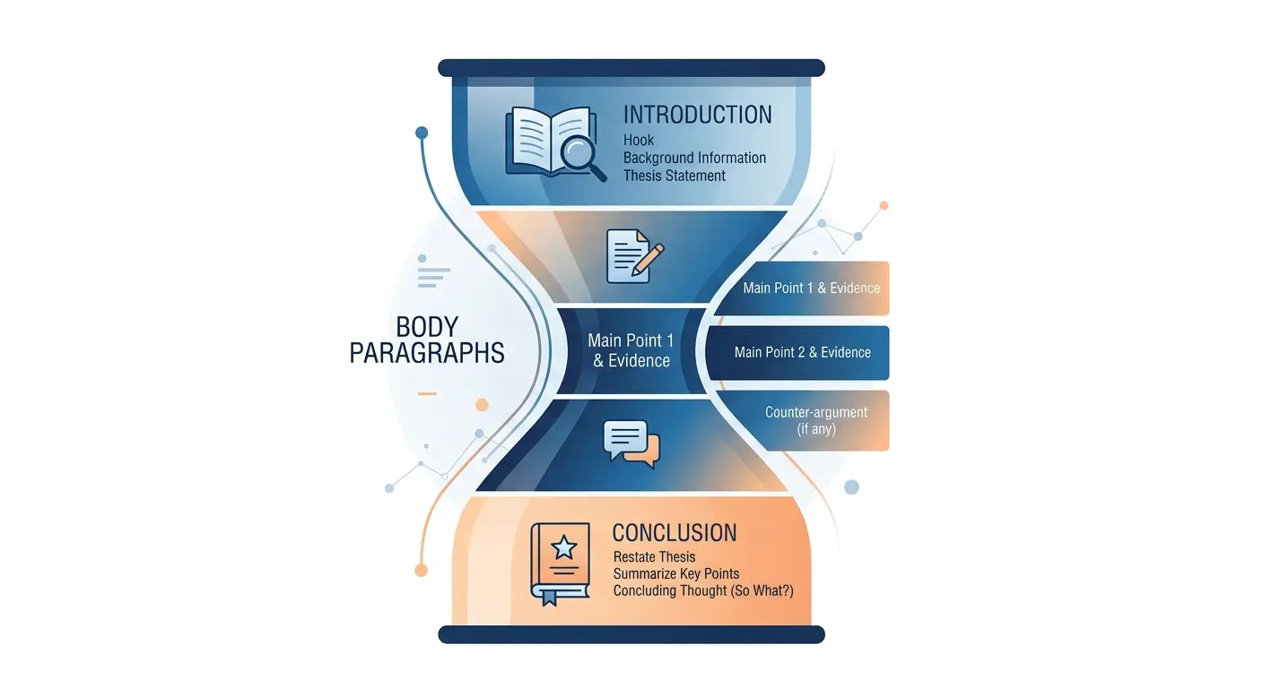 An hourglass infographic illustrating the standard 
            structure of a university essay, transitioning from a 
            broad introduction to narrow body paragraphs, and 
            widening to a broad conclusion.
